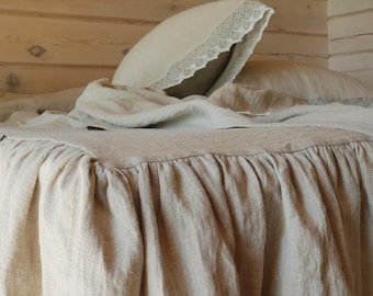 Ruffled linen BED SKIRT - natural dust ruffle - farmhouse chic softened linen bedskirt - Double, Queen, King ruffled bedding