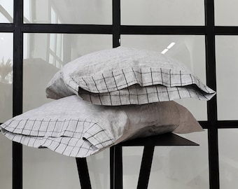 Linen PILLOWCASE from light gray melange with windowpane flange - softened linen pillow sham - standard Queen King body pillow case