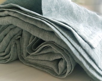 Linen FLAT SHEET in bluish green or grey melange linen - softened heavier linen top sheets - Queen Cal King bed sheets