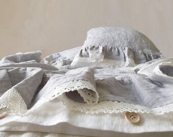 Linen Duvet Cover with Lace Trimmed Ruffles at the Bottom in Melange Grey and Off-white Softened Linen. US TWIN Size or 168x218cm