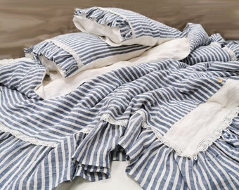 Linen BEDDING - ruffle lace duvet set in nautical and off-white softened linen - farmhouse bedding in Twin Queen Cal King custom sizes