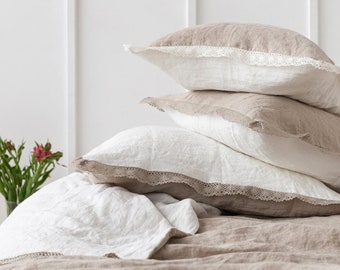 Linen Lace Trim Reversible Pillowcase in Natural Flax, Off White Softened Pure Linen. Farmhouse Chic Stonewashed Pillow Sham. Luxury Shams
