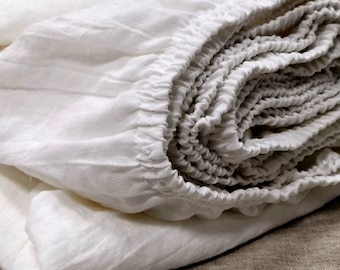 Linen deep pocket FITTED SHEET from bleached white softened heavier linen - Twin XL size with 19" pocket