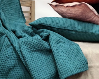 Linen waffle BLANKET, SHAMS in teal blue. Bedspread, coverlet, sofa cover in waffle linen cotton blend. Bed throw in Full, Queen, King sizes