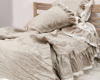 Linen DUVET SET- ruffle lace bedding in natural flax and off-white softened linen - shabby chic bedding in Twin Queen Cal King custom sizes
