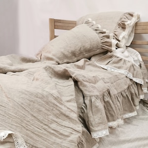 Linen DUVET SET- ruffle lace bedding in natural flax and off-white softened linen - shabby chic bedding in Twin Queen Cal King custom sizes