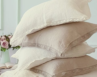 Linen lace pillowcase in natural flax grey or off-white linen - stonewashed linen pillow sham - standard Queen King body linen pillow covers