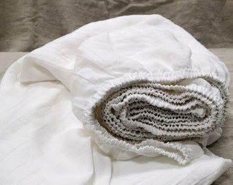 Linen FITTED SHEETS in bleached white - deep pocket fitted sheets from softened heavier linen - Twin Full Queen King Cal King sheets