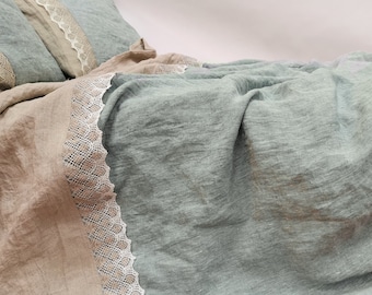 Lace linen DUVET COVER in melange bluish green and natural flax linen. Softened linen doona cover. Queen Cal King farmhouse linen bedding