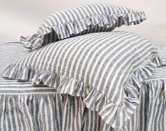 Nautic Linen PILLOWCASE with Small Ruffles - Softened Farmhouse Chic Pillow Sham - Queen King Striped Bedding - stylish home decor gift