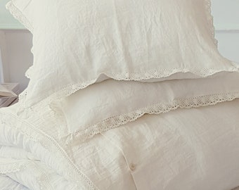 Linen lace trimmed BEDDING SET in off white softened linen - duvet set - linen duvet cover, 2 pillowcases - US Twin size