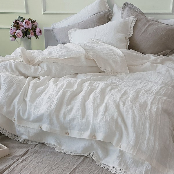 Linen LACE BEDDING SET in off white, optic white, natural flax softened linen - duvet set - linen duvet cover, pillowcases - Twin Queen King