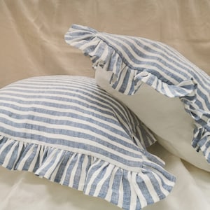 Ruffle Linen PILLOWCASE in Nautical Blue White Stripes - Softened Shabby Chic Reversible Pillow Sham - Queen King Striped Bedding