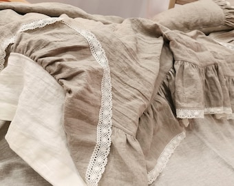 Linen DUVET COVER - ruffle lace bed linen in natural flax and off-white softened linen - farmhouse chic linen in Twin Queen Cal King