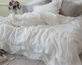 Linen LACE BEDDING SET in off white, optic white, natural flax softened linen - duvet set - linen duvet cover, pillowcases - Twin Queen King