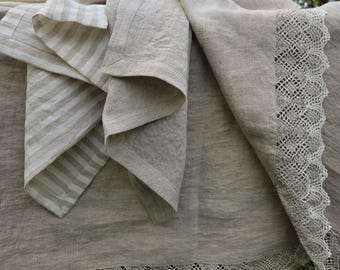Linen Tablecloth with Wide Lace – Natural European Flax, Softened, Rustic Farmhouse or Vintage Dining Table Cover, Dining Table Décor