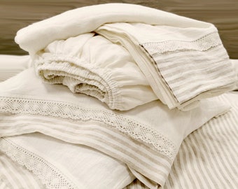 Linen SHEET SET with striped hem, lace - pure heavy linen 4 psc sheet set - farmhouse bedding - Twin Queen Cal King farmhouse chic sheets