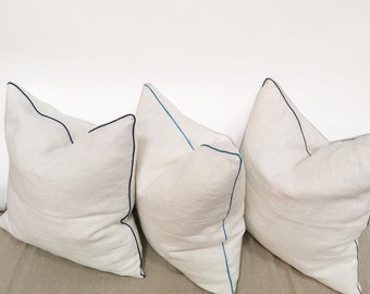 Linen THROW PILLOW cover with piping. Square, lumbar decorative cushion cover in softened off-white linen. Deco throw pillow shams