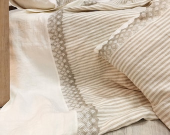 Lace Decorated Linen DUVET COVER in Natural Striped and Off-white Softened Linen. Rustic Quilt Cover in Dye-free Linen. Custom Sizes.