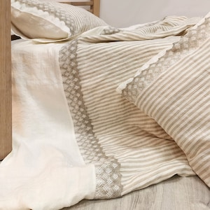 Lace Linen Duvet Cover: Striped Beige & Off-White, Rustic Farmhouse Bedding