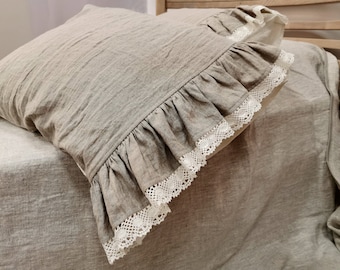 Ruffle lace trimmed linen PILLOWCASE in natural flax and off-white softened linen - standard Queen King body pillow covers, custom sizes
