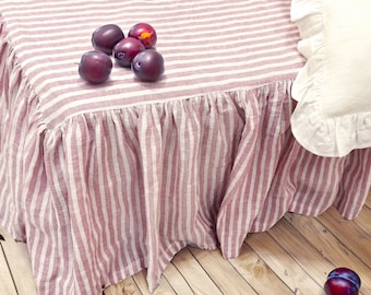 Pink Striped DUST RUFFLE in Soft Linen - Farmhouse Bed Valance Sheet - Shabby Chic Bedskirt - Gathered Linen Bed Ruffle - Ruffled Bedding