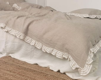Ruffle Linen DUVET COVER - Soft Natural Flax Comforter Cover with Striped Ruffles - Farmhouse Chic Quilt Cover - Custom, Oversized Sizes