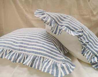 Ruffle Linen PILLOWCASE in Nautical Blue White Stripes - Softened Shabby Chic Reversible Pillow Sham - Queen King Striped Bedding