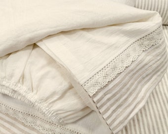Linen TOP SHEET in off-white, with striped hem and lace - Twin Full Queen California King farmhouse bed sheets, custom sizes
