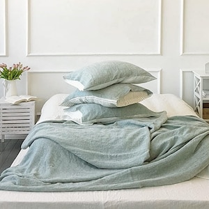 Linen DUVET SET in bluish green, off-white - washed reversible linen bedding set - Queen Cal King bed linen - more colors available