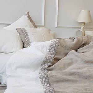 Linen bedding set with linen lace, stonewashed natural linen duvet cover and pillowcases, lace trimed Twin, Queen, King linen beddingset