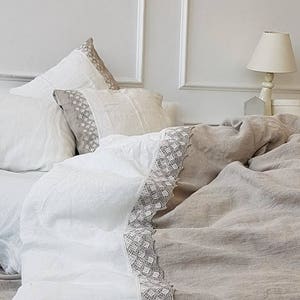 Lace Trim Linen Duvet Cover Set: Stonewashed Natural Flax and Off-white Bedding