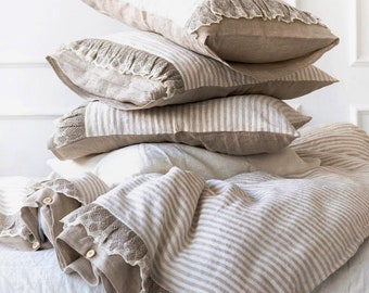 Rüschen Bettwäsche Set, natürlicher gestreifter Leinen Bettbezug, gewaschenes schweres Leinen Bettbezug Set
