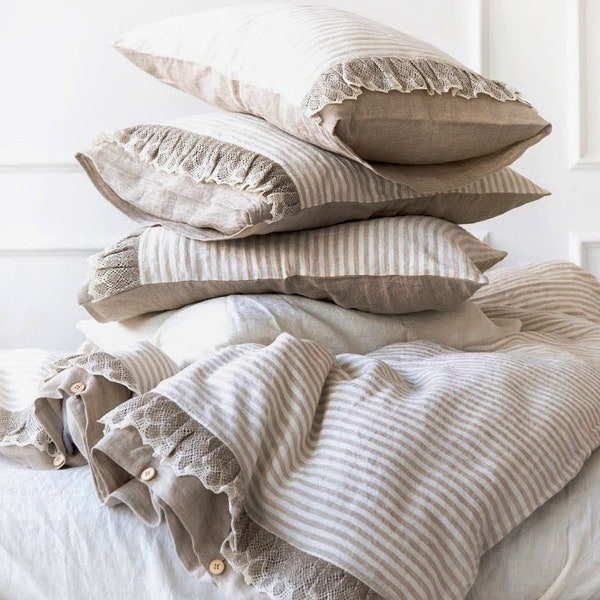 Ruffle linen DUVET SET, lace bedding set - washed heavy linen duvet set - natural striped linen duvet cover - Twin Queen King bedding w lace