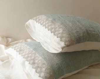 Lace linen PILLOWCASE from softened off-white and bluish green melange linen, pillow sham, pillowslip - Queen King body linen piloow covers