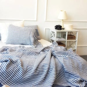 Nautical striped linen duvet cover - quilt cover from washed blue white striped linen - linen doona cover - Twin Queen Cal King bedding