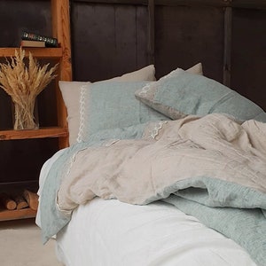 Lace linen BEDDING SET from washed heavier bluish green melange and natural flax linen - duvet cover, pillowcases - Queen, King duvet set