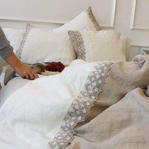 Linen duvet cover with lace - heavier natural flax and off-white linen, softened linen doona cover - Twin Queen King lace linen bedding