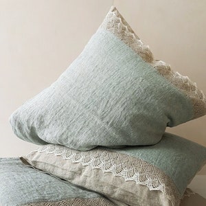 Linen lace PILLOW COVER from washed melange and natural flax linen, pillow sham, pillowslip standard Queen King body pillowcases image 2