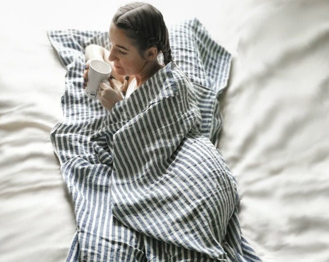 Featured listing image: TRAVEL SHEET from soft blue striped linen - nautical sleeping bag liner - travel liner - linen adult sleep sack - gift for travel lovers