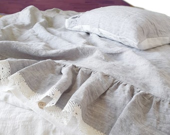 Linen DUVET COVER with lace trimmed ruffles at the bottom in melange grey and off-white softened linen - US Twin Size