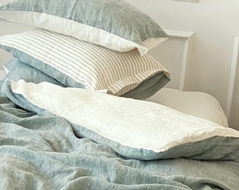 Reversible linen DUVET COVER in bluish green, off-white or striped - soft linen duvet, doona, quilt cover - Queen King linen bedding