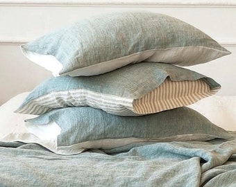 Linen PILLOWCASE, reversible euro pillow sham - bluish green, off-white or striped - Standard Queen King body pillow cover