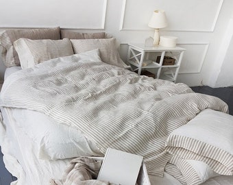 Reversible linen duvet cover in off-white and striped natural linen - washed pure linen doona cover, quilt cover - Queen King linen bedding