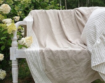Linen FLAT SHEET with striped hem - softened linen bed sheets, linen top sheets - natural top sheet - Queen Cal King top sheets