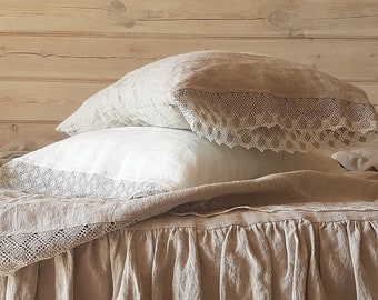 Lace trimmed linen PILLOWCASE in natural flax or off-white washed linen - farmhouse chic pillow sham, pillowslip, lace trimmed pillow cover