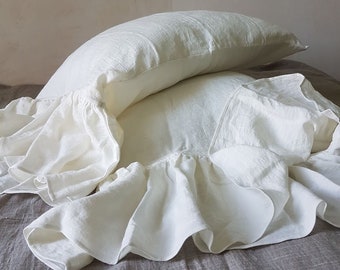 Ruffled linen PILLOWCASE in off-white softened linen - long ruffles pillow sham - natural linen pillow slip - Queen King ruffled bedding