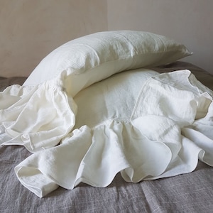 Ruffled linen PILLOWCASE in off-white softened linen - long ruffles pillow sham - natural linen pillow slip - Queen King ruffled bedding