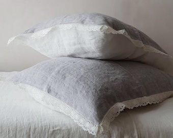 Linen lace pillowcase in natural flax Lace trimmed linen pillowcase