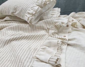 DUVET COVER with ruffles at the bottom in off-white and striped softened linen - linen quilt cover - Queen King ruffled bedding